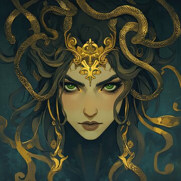 An illustration of Medusa, the gorgon with snakes for hair and green eyes