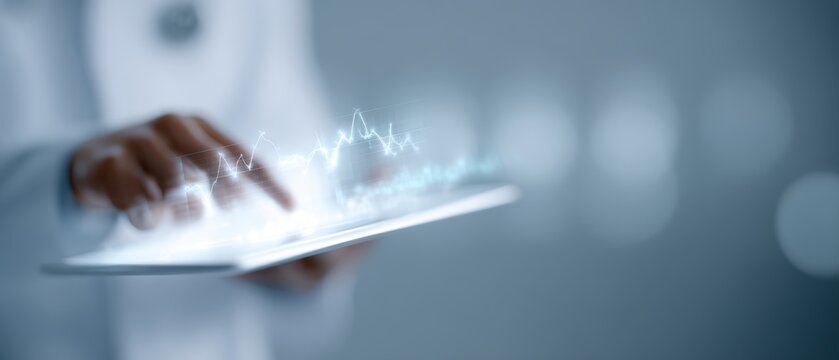 AI healthcare analytics interface floating above doctor tablet, medical data visualization, futuristic hospital concept