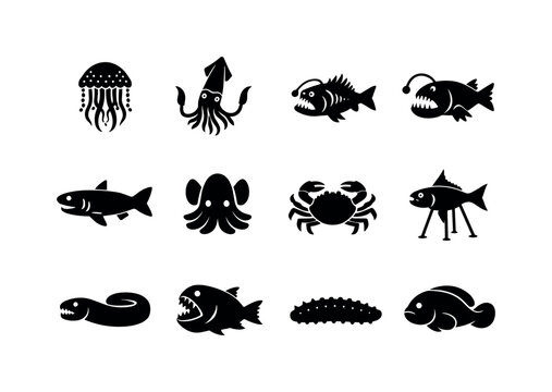 Submarine Creatures. Solid icon set of Submarine Creatures: bioluminescent jellyfish, colossal squid, dragonfish, viperfish, cookiecutter