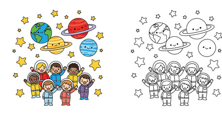 Happy Astronaut Kids and Planets in Space - Coloring Page and Colored Version © MdAbdul