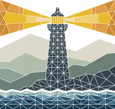 A lighthouse beaming light symbolizing motivation as a guiding force through challenges and landscape vector on white background.