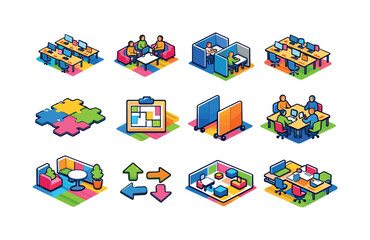 Fototapeta premium Open Office Zoning. Colorful isometric vector icons set of Open Office Zoning: open office layout, collaboration zone area, quiet focus area,