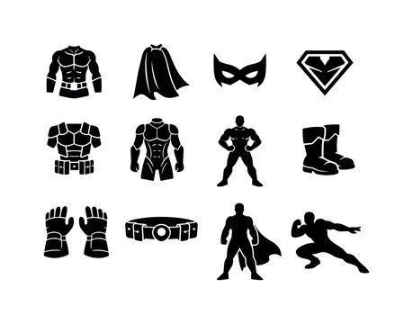 Superhero cosplay sketches. Solid icon set of superhero cosplay sketches: superhero suit sketch, cape design sketch, mask concept sketch,
