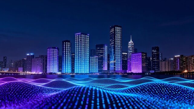 Futuristic city skyline with digital wave