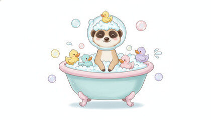 Naklejka premium Cute suricate wearing hat enjoys bubbly bath with colorful ducks showing curiosity and playful animal charm in pastel tub