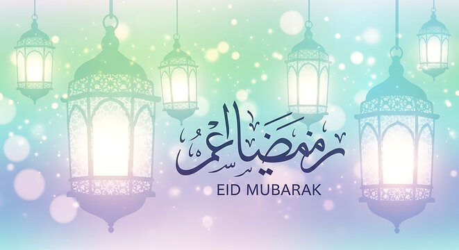 Ramadan Kareem Lanterns and Arabic Calligraphy for Eid Mubarak Celebrations