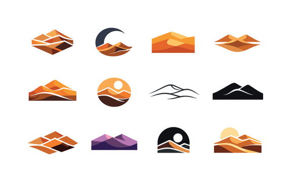 Desert dunes. Icon set. Set Logo of desert dunes: layered dune horizon. harmonious logo variations of the same emblematic concept, each with