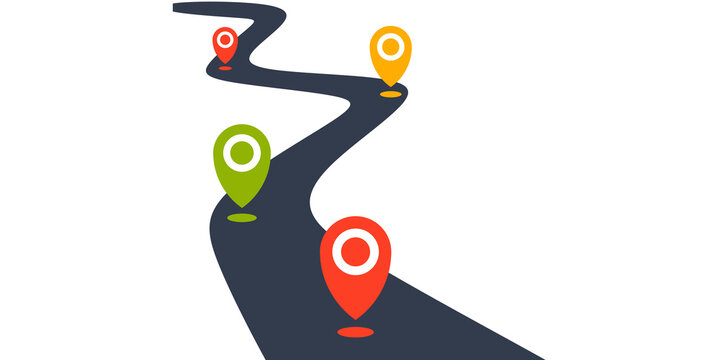 Roadmap infographic. Winding roadmap journey with colorful milestone location pins, business road map, a business roadmap concept for strategy, planning, and project development.