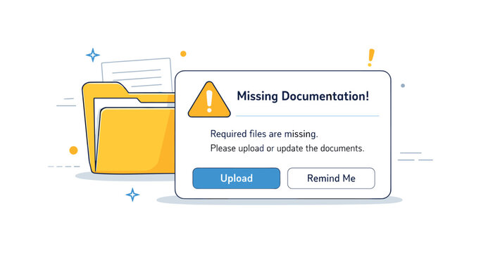Missing documentation alert. A notification or pop-up with a warning symbol appearing over a folder icon, floating in a clean interface view.