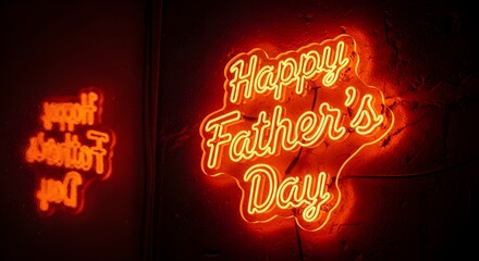 A neon sign reading Happy Father's Day in a dark room