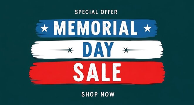 Memorial Day sale special offer with American flag colors and stars on dark background