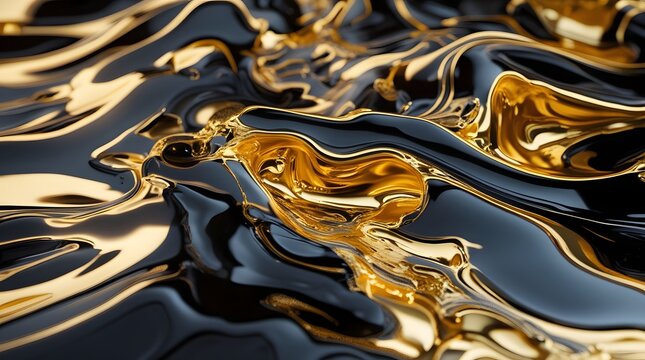 Luxury black and gold liquid marble texture, abstract fluid art background, melting gold and oil swirl, 3D render wallpaper.
