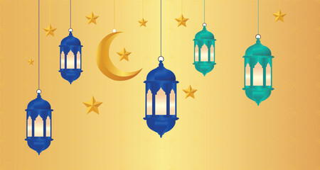 Ramadan lanterns hanging with crescent moon and stars islamic festive golden background illustration © salek