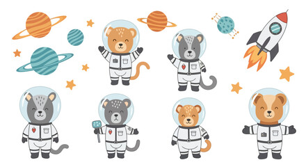 Cartoon astronauts animals exploring space with planets and rocket illustrations © se