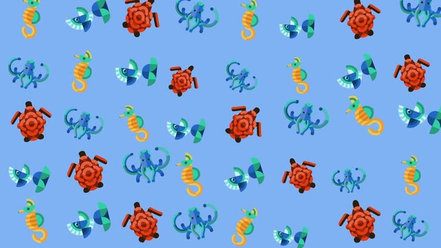 Pattern of sea creatures ideal for marinethemed designs like stationery, wrapping paper, and textiles. Perfect for childrens products.