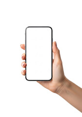 close-up of a slender woman's hand holding a generic smartphone with a blank white screen, idealized product photography on a seamless high-key white background. digital mockup asset concept