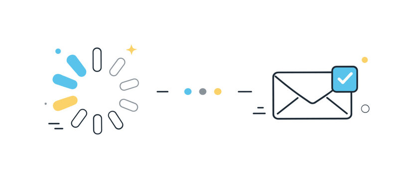 Inbox Transition Art. Inbox waiting state. An editorial transition scene where a loading spinner slowly transforms into a message icon. The mood is calm and