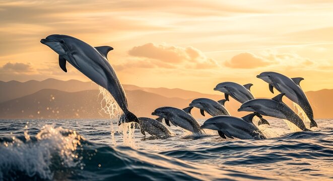 Dolphins leaping in synchrony at sunset