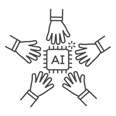 Obraz premium Ai processor surrounded by hands vector icon, collaborative artificial intelligence concept symbol on transparent background