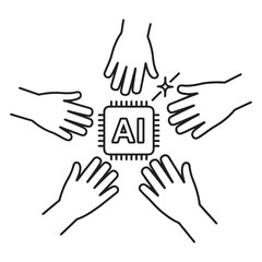 Fototapeta premium Artificial intelligence processor surrounded by diverse hands vector icon, teamwork in future technology concept