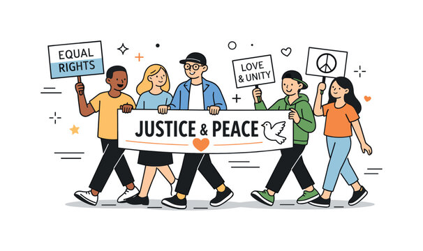 Peaceful civil rights demonstration. A small group walks forward calmly with banners and placards, showing respectful protest and civic