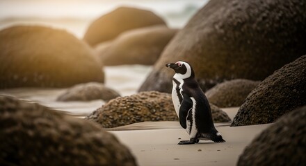Fototapeta premium Penguin standing on a sandy beach with large rocks
