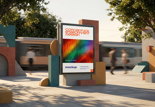 Outdoor Banner Mockup In Public Transport Station, Modern City Street Billboard Advertising Poster Template