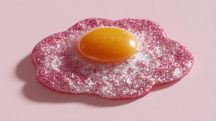Glittery Fried Egg: A close-up shot of a uniquely stylized fried egg. The egg yolk, in its vibrant yellow, rests atop a shimmering bed of pink glitter. A whimsical culinary delight.