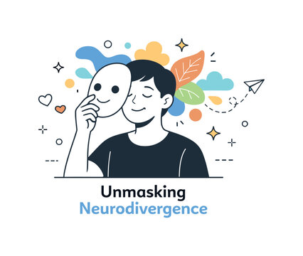 Unmasking neurodivergence concept. A calm person slowly lowering a simple mask as colorful abstract shapes begin to emerge, expressing relief