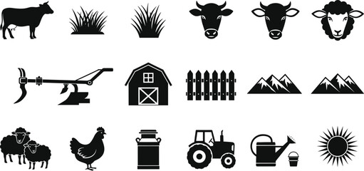 Silhouette farm and agriculture icons set with animals tools barn tractor isolated on white background vector illustration © Art_By_Shoriphul