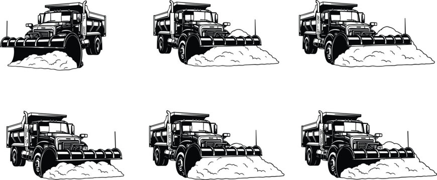 Snow plow truck clearing winter road featuring heavy duty snow removal vehicle isolated construction transport vector illustration collection