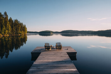 Naklejka premium Wooden Dock With Two Chairs Overlooking Calm Water Under Clear Blue Sky