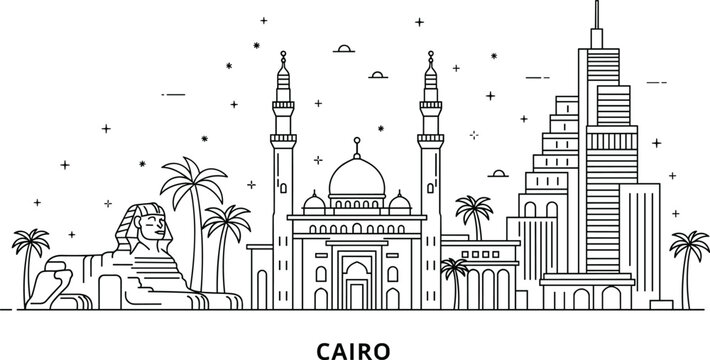 Cairo skyline line art illustration featuring mosque, sphinx, palm trees, and modern buildings Egypt cityscape vector outline design