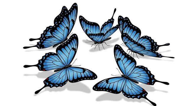 A cluster of vibrant blue butterflies with black accents