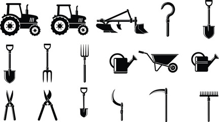 Agriculture farming tools silhouette collection featuring tractor shovel rake watering can wheelbarrow garden equipment vector illustration isolated black set © Art_By_Aktarina