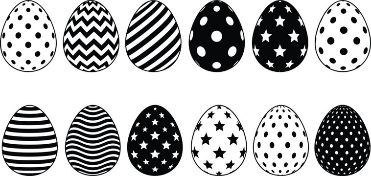 Easter egg silhouettes collection with stripes, dots, stars, and zigzag patterns vector illustration set isolated decorative design elements