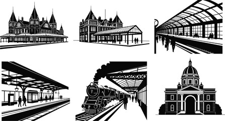 Historic railway station architecture collection featuring classic train terminal buildings and vintage platform scenes vector illustration set © World_Of_Vector