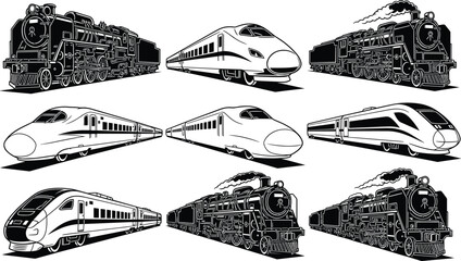 High speed train and classic steam locomotive collection featuring modern railway transport and vintage engine vector illustration set © World_Of_Vector