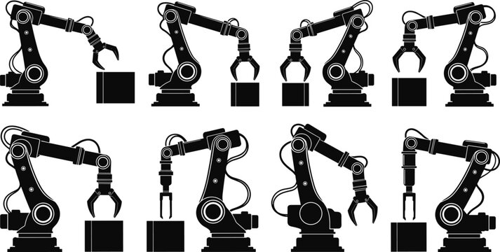 Industrial robotic arm silhouettes collection showing automated manufacturing, factory assembly, and mechanical robot operations isolated vector illustration set