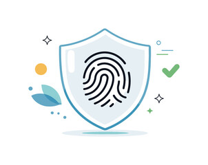 Biometric data protection. A simplified fingerprint or face icon protected inside a transparent shield, centered and calm. The illustration