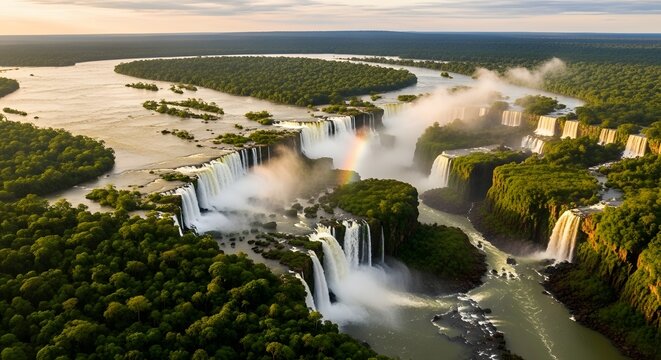 A breathtaking aerial view of a lush waterfall system surrounded by dense greenery