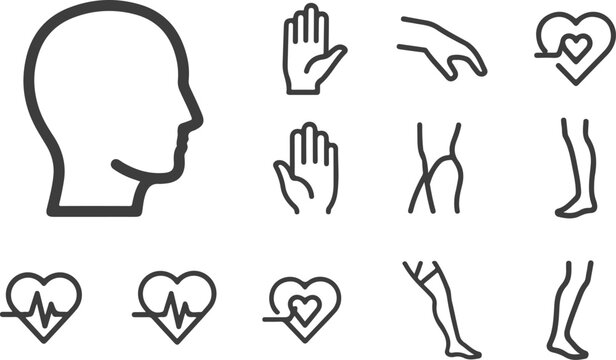 Minimalist vector line art icons depicting human head profile, open hands, reaching fingers, heart pulse, and legs, isolated on transparent background.
