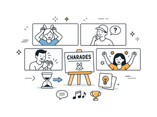 Obraz premium Image Generation. Online team activity. A virtual meeting with teammates participating in a light game or icebreaker, shown through simple icons and gestures.