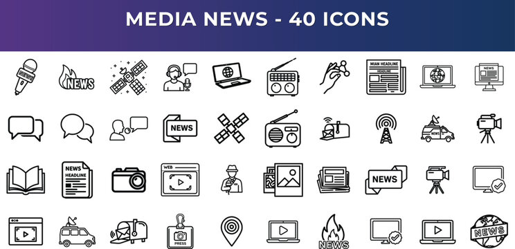 Broadcasting linear icon collection. Including live stream podcast article headline and content. Editable stroke. Vector illustration