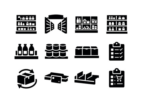 Supermarket Organization. Solid icon set of Supermarket Organization: category shelf, labeled aisle, product zoning, shelf planogram, front