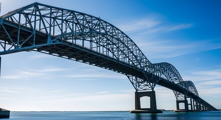 Fototapeta premium A large steel bridge spans across a body of water under a blue sky