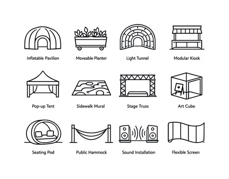 Urban Installation Icons. Temporary Urban Installations. Line icon set of Temporary Urban Installations: inflatable pavilion, moveable planter, light tunnel,