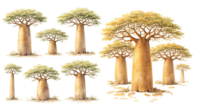 A charming watercolor collection of majestic baobab trees, including towering thick trunks, wide spreading canopies of soft green foliage, and subtle savanna grasses at their base.
