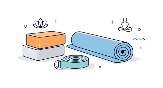 Minimalist Yoga Props. Yoga props minimal. A clean arrangement of yoga blocks, a rolled mat, and a strap placed neatly on a calm surface. Peaceful movement
