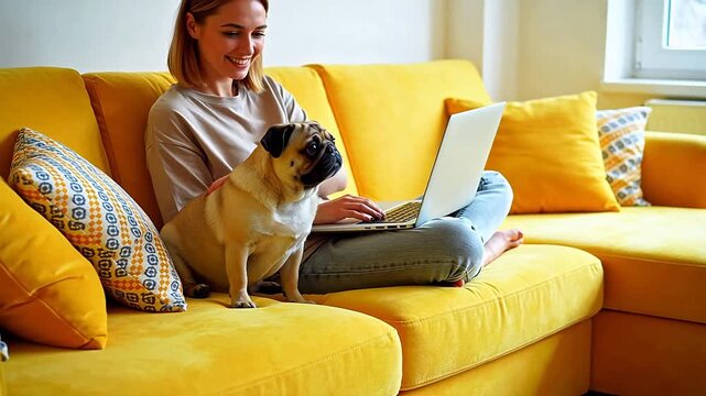 Woman with dog on couch using laptop